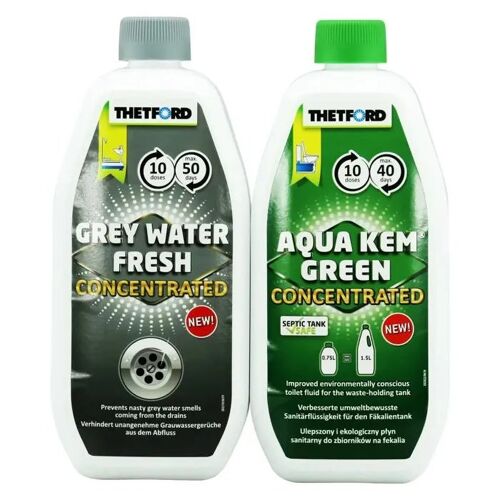 Produit toilette chimique camping, nettoyant réservoir eaux grises camping car, Aqua Kem Green 0,75L & Grey Water Fresh 0,80L