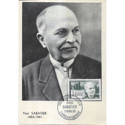 France 1956, Belle Carte Postale 1er Jour, Timbre Yvert 1058, Paul Sabatier, Chimiste, Inventeur De La Catalyse, Cachet De Carcassonne.