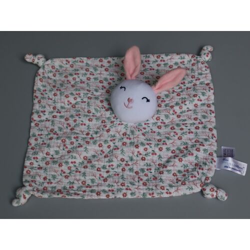Doudou lapin plat Mes Petits Cailloux blanc rose lange fleurs