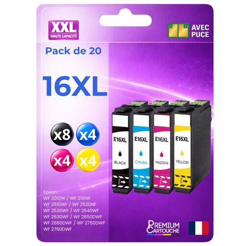 Pack 20 cartouches jet d'encre 1636 1636XL compatible pour Epson 2110 2010 2510 2520 Noir Cyan Magenta Jaune capacité puce