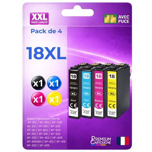 Pack 4 Cartouche T1811XL T1812XL T1813XL T1814XL 18XL Pâquerette compatible pour Epson 102 202 205 212 215 225