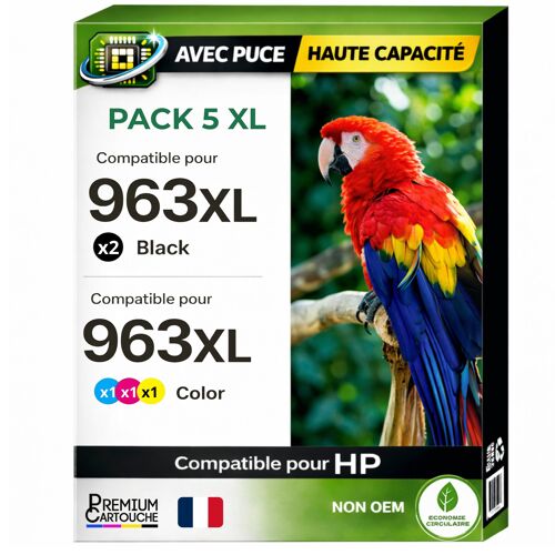 Pack 5 Cartouche 963XL BK C M Y 3JA30AE 3JA27AE 3JA28AE 3JA29AE compatible pour HP 9010 9020 Couleurs Haute capacité avec puce