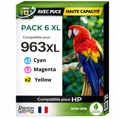 Pack 6 Cartouche 963XL C M Y 3JA27AE 3JA28AE 3JA29AE compatible pour HP 9010 9020 Couleurs Haute capacité avec puce 1600 pages