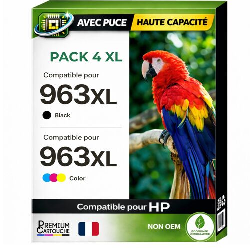 Pack 4 Cartouche 963XL BK C M Y 3JA30AE 3JA27AE 3JA28AE 3JA29AE compatible pour HP 9010 9020 Couleurs Haute capacité avec puce