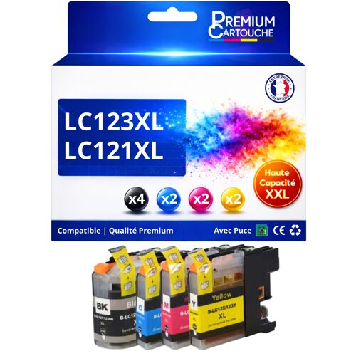 Pack 10 Cartouche LC123XL LC121XL compatible pour Brother Noir Cyan Magenta Jaune Haute capacité avec puce 800 pages