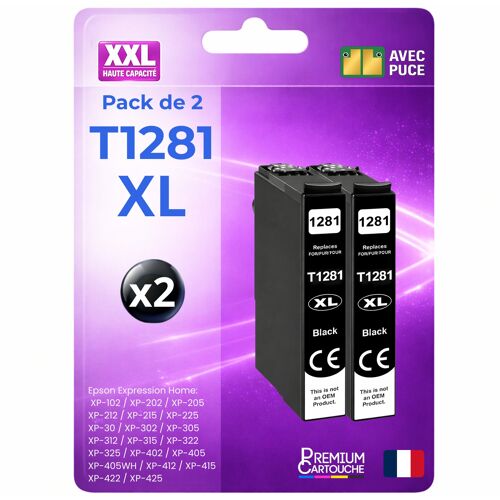 Pack 2 Cartouche encre 1281 T1281XL C13T12814012 compatible pour Epson 305F 305FW 125 130 230 Noir Haute capacité avec puce 300 pages