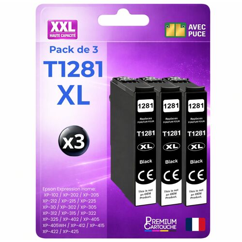Pack 3 Cartouche encre 1281 T1281XL C13T12814012 compatible pour Epson 305F 305FW 125 130 230 Noir Haute capacité avec puce 300 pages