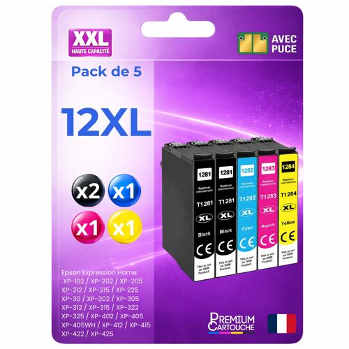 Pack 5 Cartouche encre Renard 1285 C13T12854011 compatible pour Epson 305F 305FW 125 130 230 Noir Cyan Magenta Jaune Haute capacité avec puce