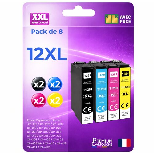 Pack 8 Cartouche encre Renard 1285 C13T12854011 compatible pour Epson 305F 305FW 125 130 230 Noir Cyan Magenta Jaune Haute capacité avec puce