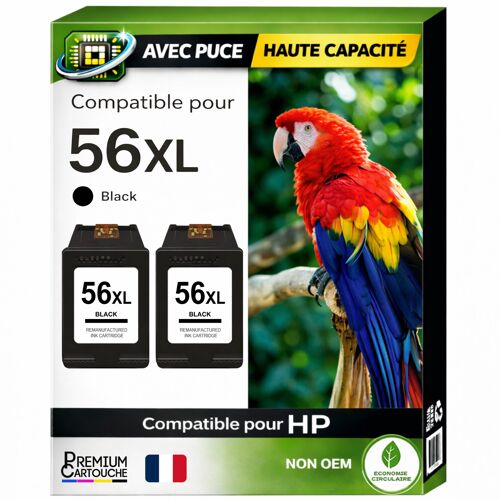 Pack 2 Cartouches 56XL C6656AE C6656GE compatible pour HP 450 5150 5550 Noir 22 ml Haute capacité avec puce