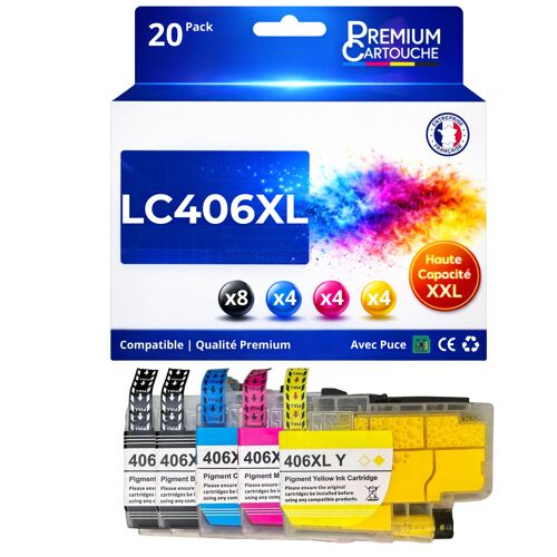 Pack 20 Cartouches LC406XL compatible pour Brother 4335 5855 6555 4535 6955 4345 Noir Couleur Haute capacité avec puce
