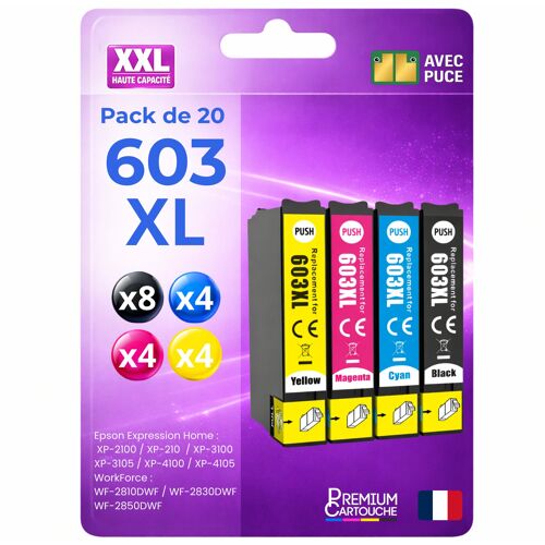Pack de 20 Cartouches compatible pour Epson 603XL Noir et Couleurs