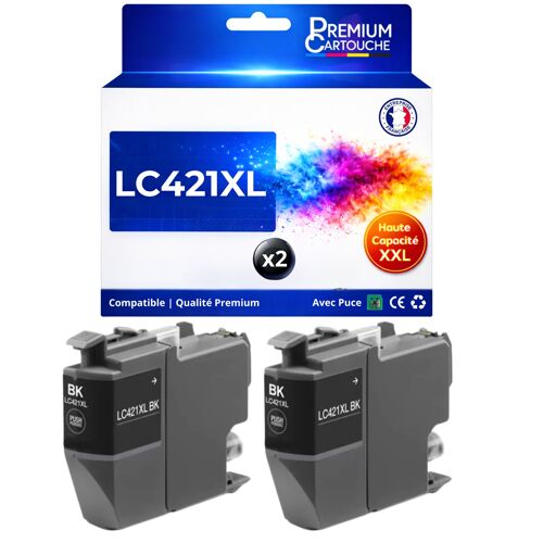 Pack 2 Cartouche LC421XL LC421 XL compatible pour Brother Noir Haute capacité avec puce 500 pages