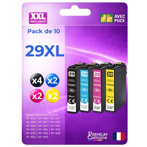 Pack 10 Cartouche 29XL T2996 C13T29964012 compatible pour Epson 235 245 332 335 432 435 442 445 Noir Couleur HC puce
