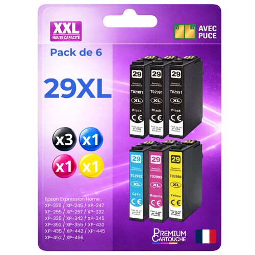 Pack 6 Cartouche 29XL T2996 C13T29964012 compatible pour Epson 235 245 332 335 432 435 442 445 Noir Couleur HC puce