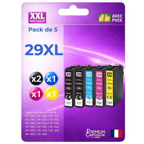 Pack 5 Cartouche 29XL T2996 C13T29964012 compatible pour Epson 235 245 332 335 432 435 442 445 Noir Couleur HC puce