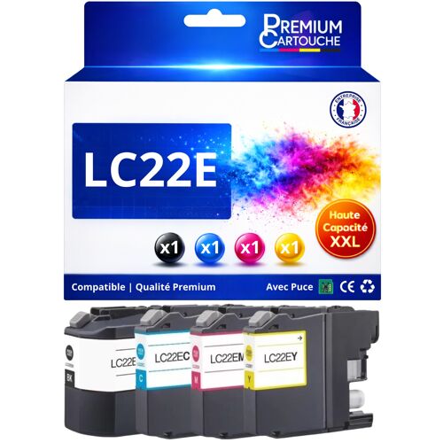 Pack 4 LC22E BK C M Y LC22 E compatible pour Brother MFC J5920DW Haute capacité avec puce Noir Couleur