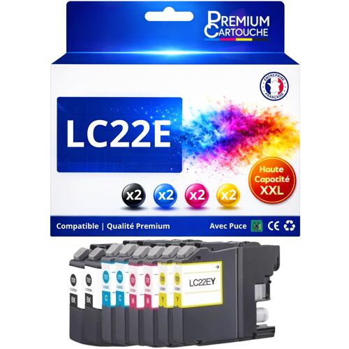 Pack 8 LC22E BK C M Y LC22 E compatible pour Brother MFC J5920DW Haute capacité avec puce Noir Couleur
