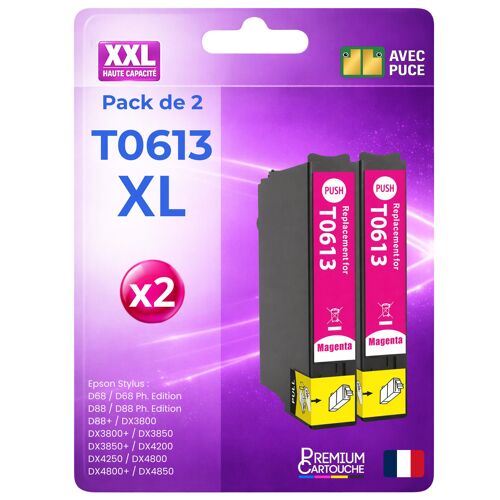 Pack 2 Cartouche T0613 compatible pour Epson D68 D88 DX3800 DX3850 DX4200 DX4250 DX4800 DX4850 Magenta Haute capacité avec puce 400 pages C13T06134012 OURSON