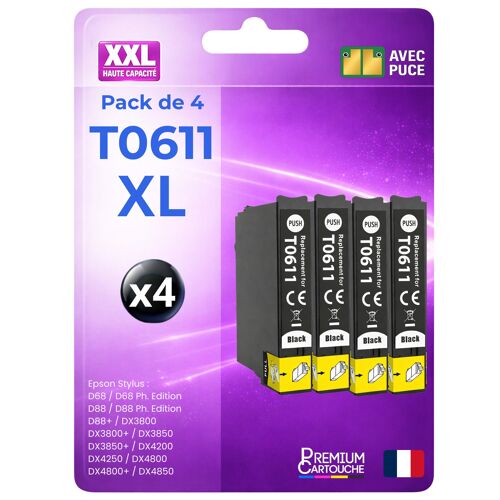 Pack 4 Cartouche T0611 compatible pour Epson D68 D88 DX3800 DX3850 DX4200 DX4250 DX4800 DX4850 Noir Haute capacité avec puce 400 pages C13T06114012 OURSON