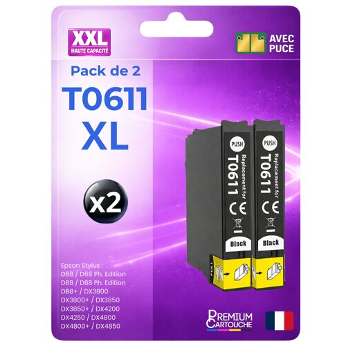 Pack 2 Cartouche T0611 compatible pour Epson D68 D88 DX3800 DX3850 DX4200 DX4250 DX4800 DX4850 Noir Haute capacité avec puce 400 pages C13T06114012 OURSON