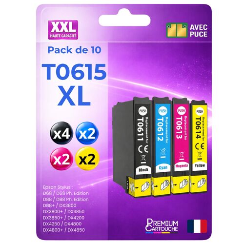 Pack 10 Cartouche T0611 T0612 T0613 T0614 compatible pour Epson D68 D88 DX3800 DX3850 DX4200 DX4250 DX4800 DX4850 Couleurs Haute capacité avec puce 400 pages OURSON