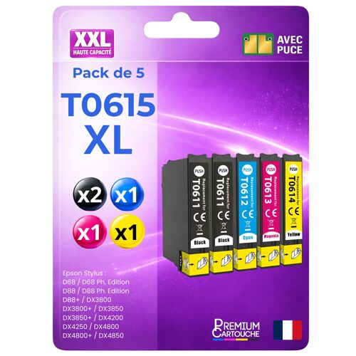 Pack 5 Cartouche T0611 T0612 T0613 T0614 compatible pour Epson D68 D88 DX3800 DX3850 DX4200 DX4250 DX4800 DX4850 Couleurs Haute capacité avec puce 400 pages OURSON