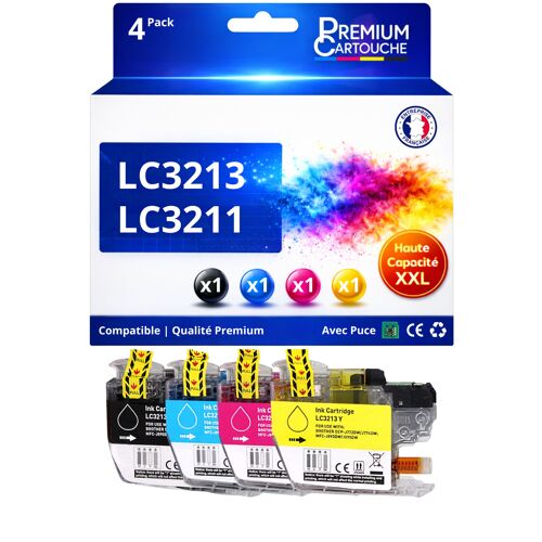 Pack 4 LC3213 BK C M Y LC3211 BK C M Y compatible pour Brother Couleurs Haute capacité avec puce 400 pages