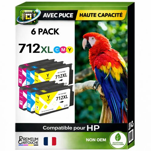 Pack 6 Cartouche 712 compatible pour HP 210 230 250 630 650 Cyan Magenta Jaune Haute capacité avec puce 29ml