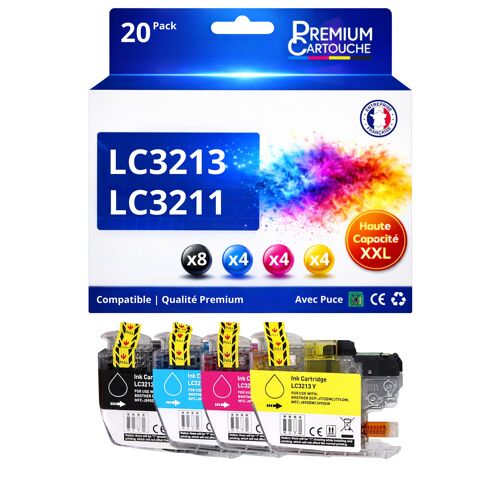 Pack 20 LC3213 BK C M Y LC3211 BK C M Y compatible pour Brother Couleurs Haute capacité avec puce 400 pages