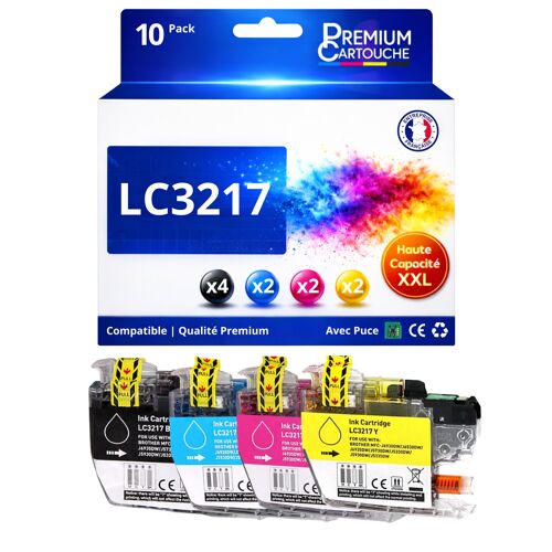 Pack 10 Cartouches LC3217 LC3217 compatible pour Brother MFC J5330DW J6530DW Noir x4 Cyan x2 Magenta x2 Jaune x2 Haute capacité avec puce 550 pages