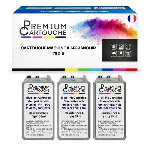 Pack de 3 Cartouches compatible pour Pitney Bowes 793-5BI Bleu Postal 35 ml