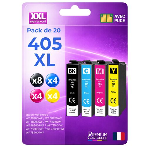 Pack 20 Cartouche 405XL C13T05H14010 C13T05H24010 C13T05H34010 C13T05H44010 VALISE compatible pour Epson Haute capacité avec puce