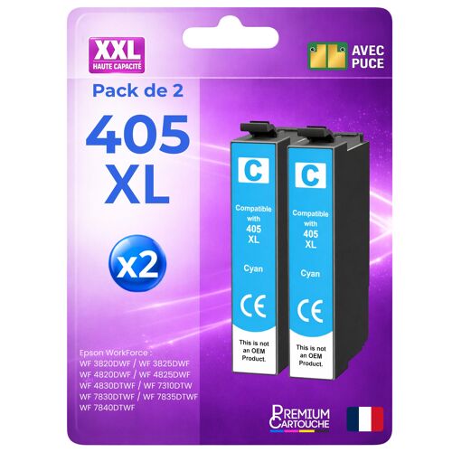 Pack 2 Cartouche 405XL 405 XL C13T05H24010 C13T05G24010 VALISE compatible pour Epson Cyan Haute capacité avec puce 1100 pages