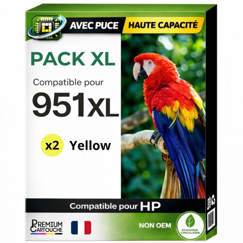Pack 2 Cartouche encre 951XL CN048AE CN052AE compatible pour HP 251DW 276DW 8100 8600 8610 8620 Jaune Haute capacité avec puce 26 ml
