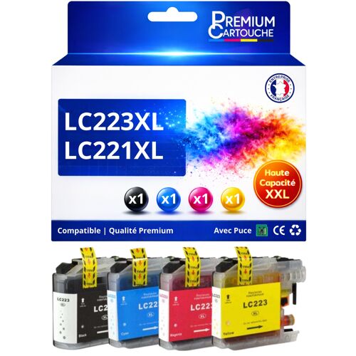 Pack 4 cartouches encre LC223 LC221 compatible pour Brother noir cyan magenta jaune Haute capacité avec puce 550 pages