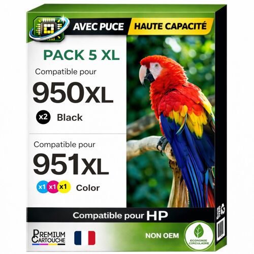 Pack 5 Cartouche encre 951XL CN046AE CN047AE CN048AE CN050AE CN051AE CN052AE compatible pour HP 251DW 276DW 8100 8600 Noir Couleurs Haute capacité avec puce 26 ml
