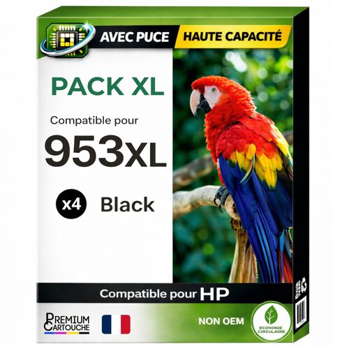 Pack 4 Cartouche 953XL 953XL 953 XL compatible pour HP 7720 7730 7740 8210 8710 8720 Noir Haute capacité avec puce résistante aux mises à niveau