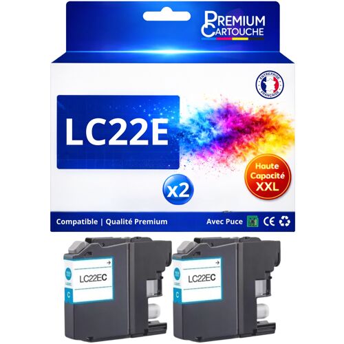 Pack 2 LC22E C LC22 E C compatible pour Brother MFC J5920DW Cyan Haute capacité avec puce 1200 pages