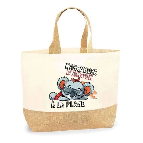 Sac Marcheuse d'amour Koala à la Plage | Cabas Courses Shopping Vacances Coton et Toile de Jute Idée Cadeau Femme