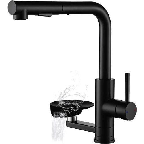 Robinet de Cuisine LakeBayMZC Noir - 360° Rotatif Extensible, Double Jet, Acier Inoxydable 304 Brossé, Lave-Verres Inclus.