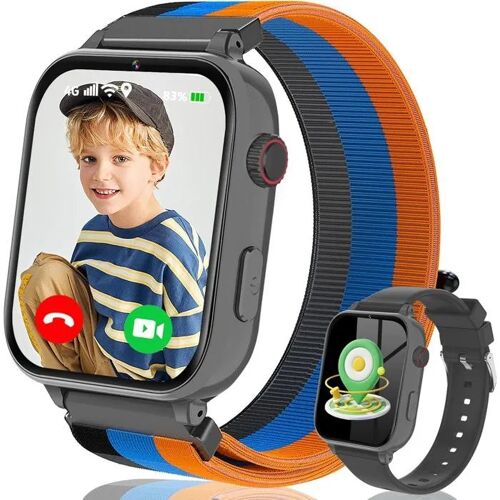 Montre Connectée Enfant 4G GPS - Appels/Vidéo, SOS, WiFi, Mode École, Réveil, Podomètre, Jeux - Noir Intense 4-12 ans.