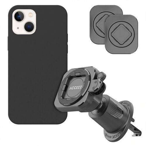 Accezz EasyLock Support de téléphone de voiture Avec coque iPhone 14 Grille de ventilation Rotation à 360 degrés Noir