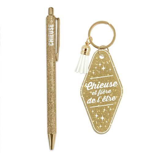 Set Cadeau Chieuse Stylo Pailleté Et Porte-Clés