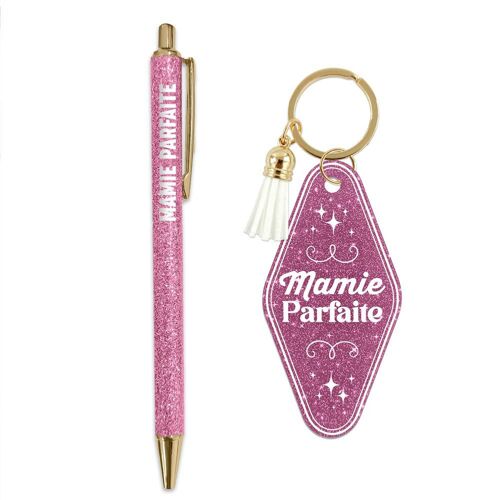 Set Cadeau Mamie Parfaite Stylo Pailleté Et Porte-Clés