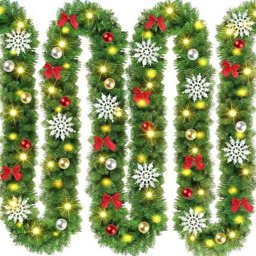 Guirlande de Noël LED 5,4 m - Décoration Sapin Artificielle avec Boules, Flocons et N?uds - Vert