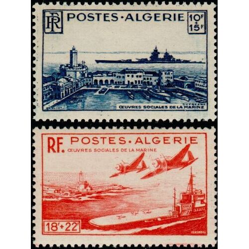 Algérie, Département Français 1949, Très Beaux Timbres Neufs** Luxe, Oeuvres De La Marine, Yvert 273, Le "Richelieu" Devant L'amirauté D'alger, Et 274 Le Porte Avions "Arromanche" Sortant Du Port.