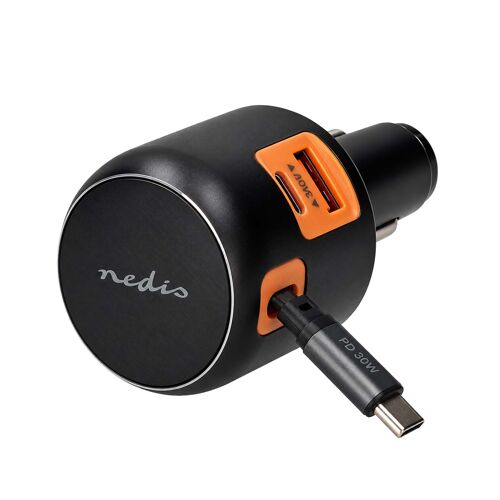 Chargeur Allume-Cigare 60W avec Câble Rétractable USB-C et Ports USB Nedis Gris foncé