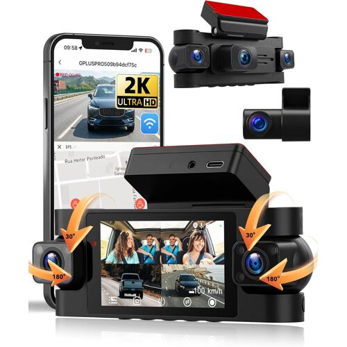 SIXWIN 360° Dashcam 2K avec Écran 3", Caméra Auto avec 3 x 1080P, Vision Nocturne, WiFi, Contrôle par Application, GPS, Capteur G, Stationnement 24/7, Enregistrement en Boucle