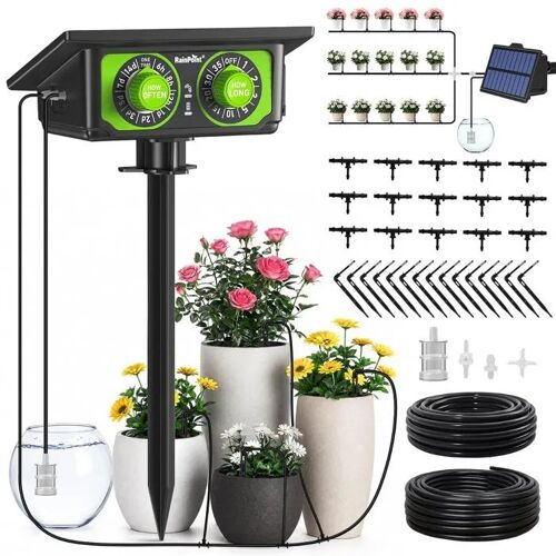RAINPOINT Kit d'Irrigation Solaire Automatique - Arrosage Goutte à Goutte Uniforme, 90 Modes, Tuyau 15m Anti-Siphon pour Balcons.